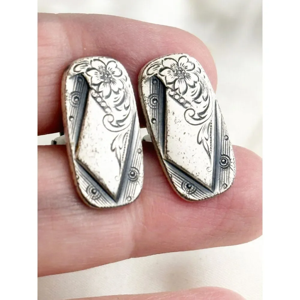 Etched flower cufflinks Swank silver tone rectangle